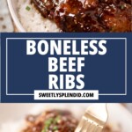 Close-up of saucy boneless beef ribs served over white rice, garnished with chopped chives. A fork lifts a bite-sized piece, emphasizing the tender, flavorful meat created using a delicious boneless beef ribs recipe. Text overlay reads Boneless Beef Ribs.