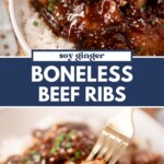 Close-up of boneless beef ribs with a soy ginger sauce served over white rice, garnished with chopped chives. A fork holds a piece of beef above a bowl. Text overlay reads Soy Ginger Boneless Beef Ribs—a mouthwatering boneless beef ribs recipe perfect for any occasion.