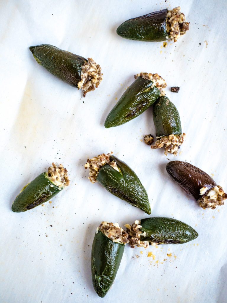 over head shot of oven roasted stuffed jalapenos