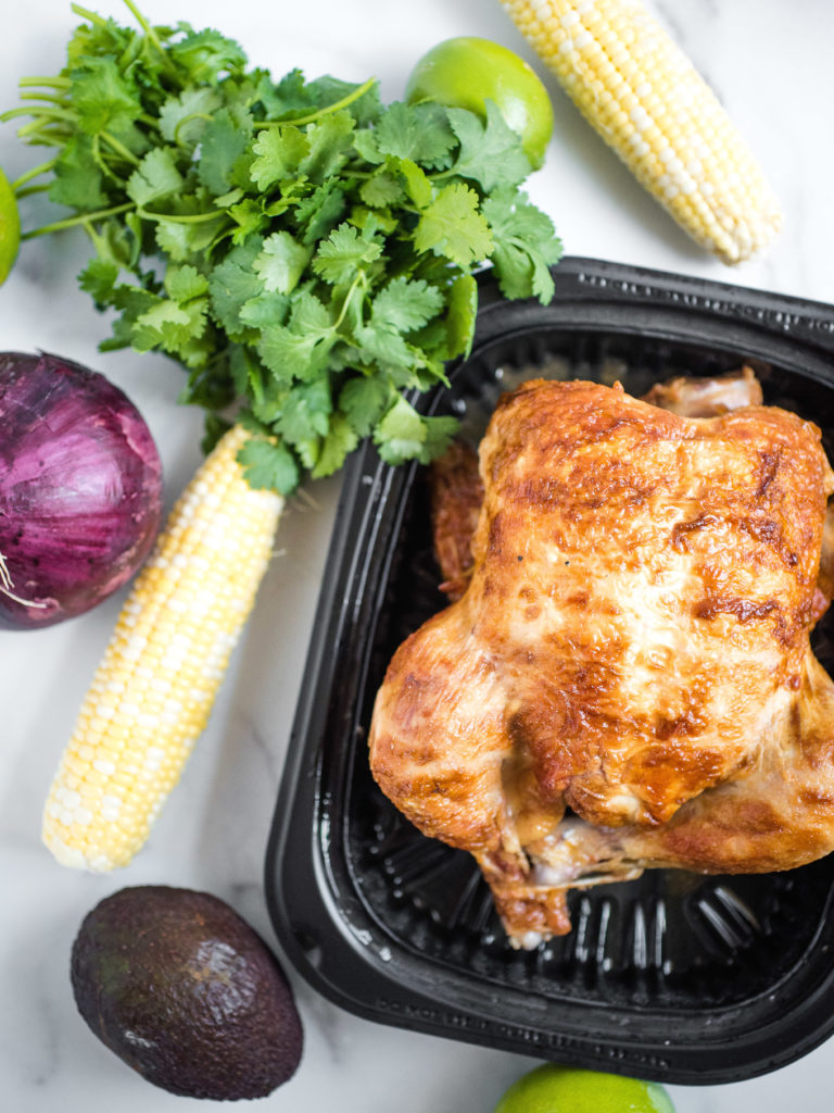 picture of the ingredients used including avocado, rotisserie chicken, cilantro, corn, and onion
