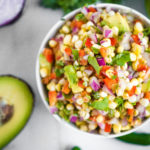 avocado corn salsa with cilantro, jalapeno, corn, onion, red bell pepper, and spices