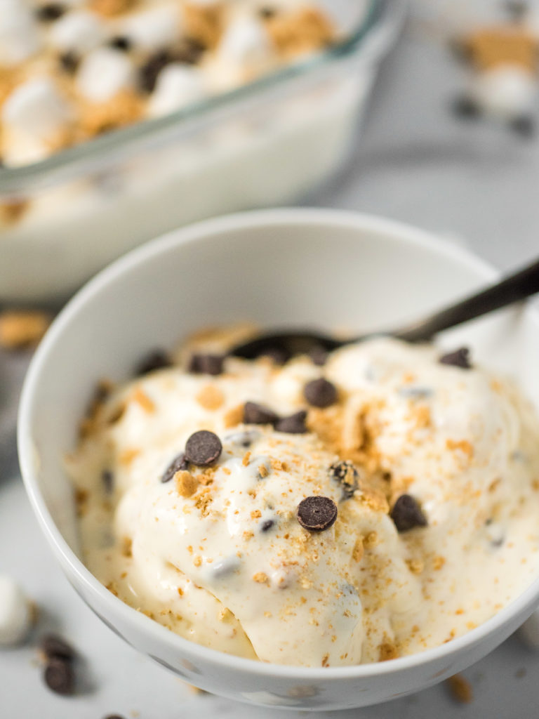 up close shot of ice cream topped with graham cracker crumbs and chocolate chips