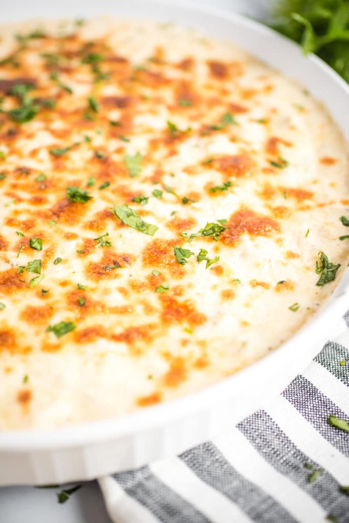 Up close shot of green chile queso blanco dip topped with chopped cilantro