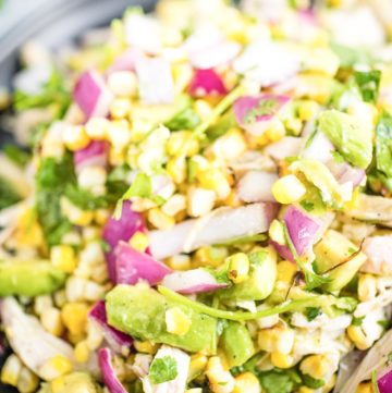 macro shot of avocado chicken chopped salad