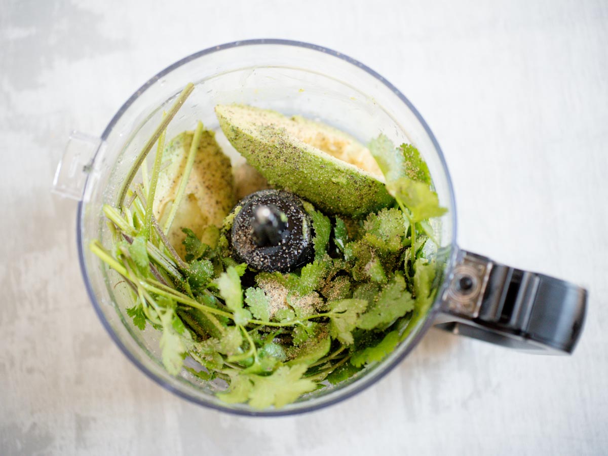 ingredients for avocado cilantro dressing in food processor