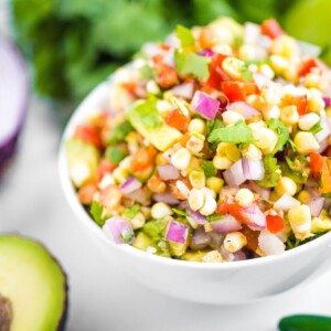 up close shot of avocado corn salsa