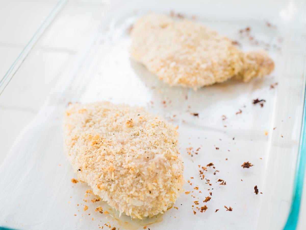 breaded baked chicken in a dish