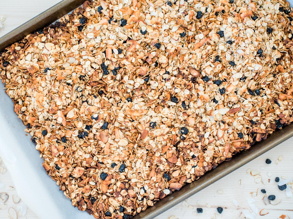 granola on a baking sheet