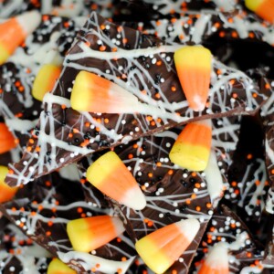 candy corn bark on a white plate