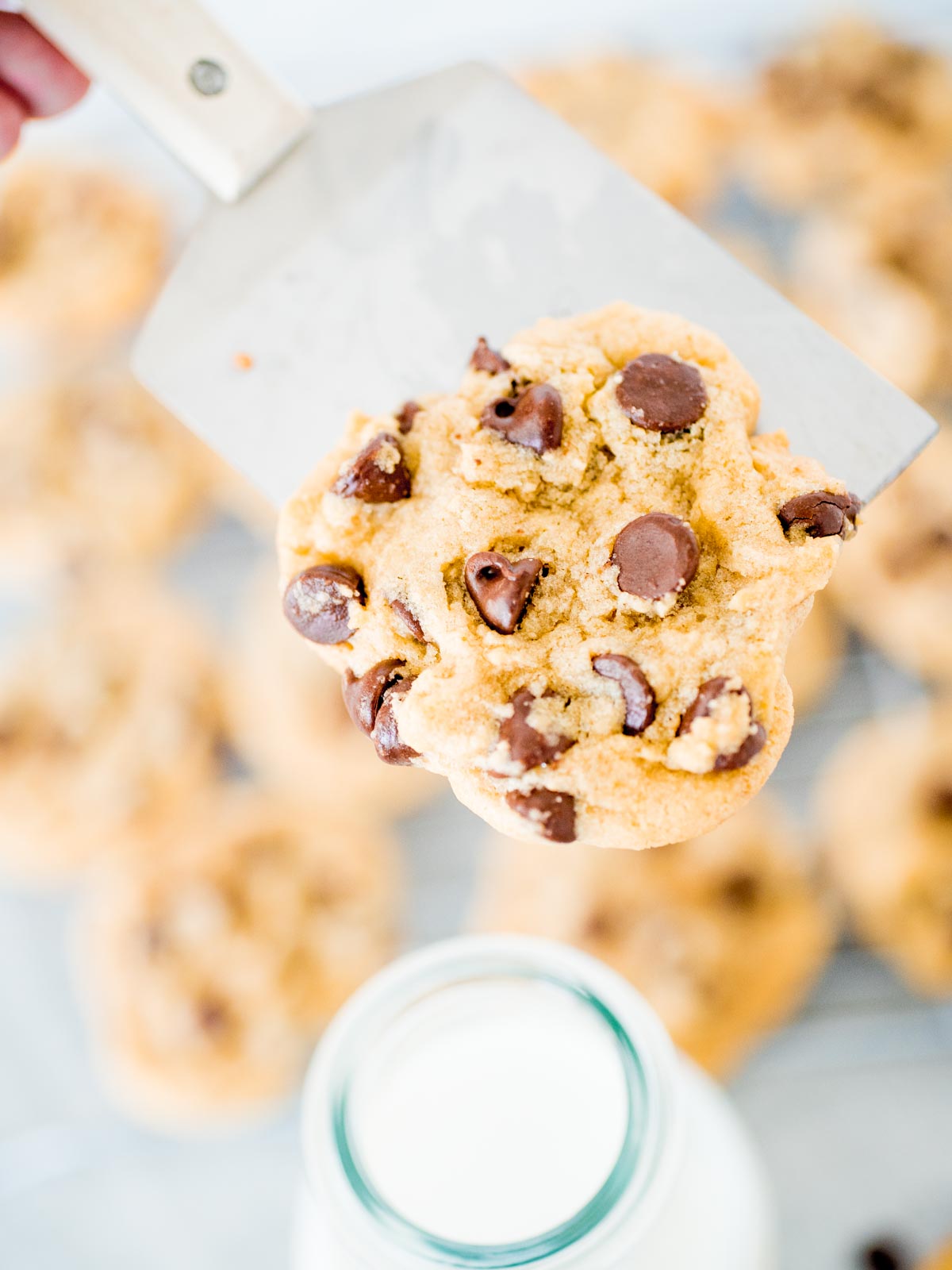 chocolate chip cookie on a spatula over a glass of milk