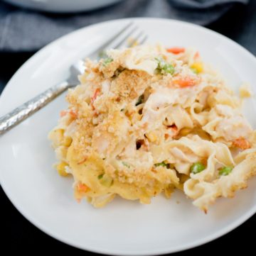 chicken noodle casserole serving on a white plate