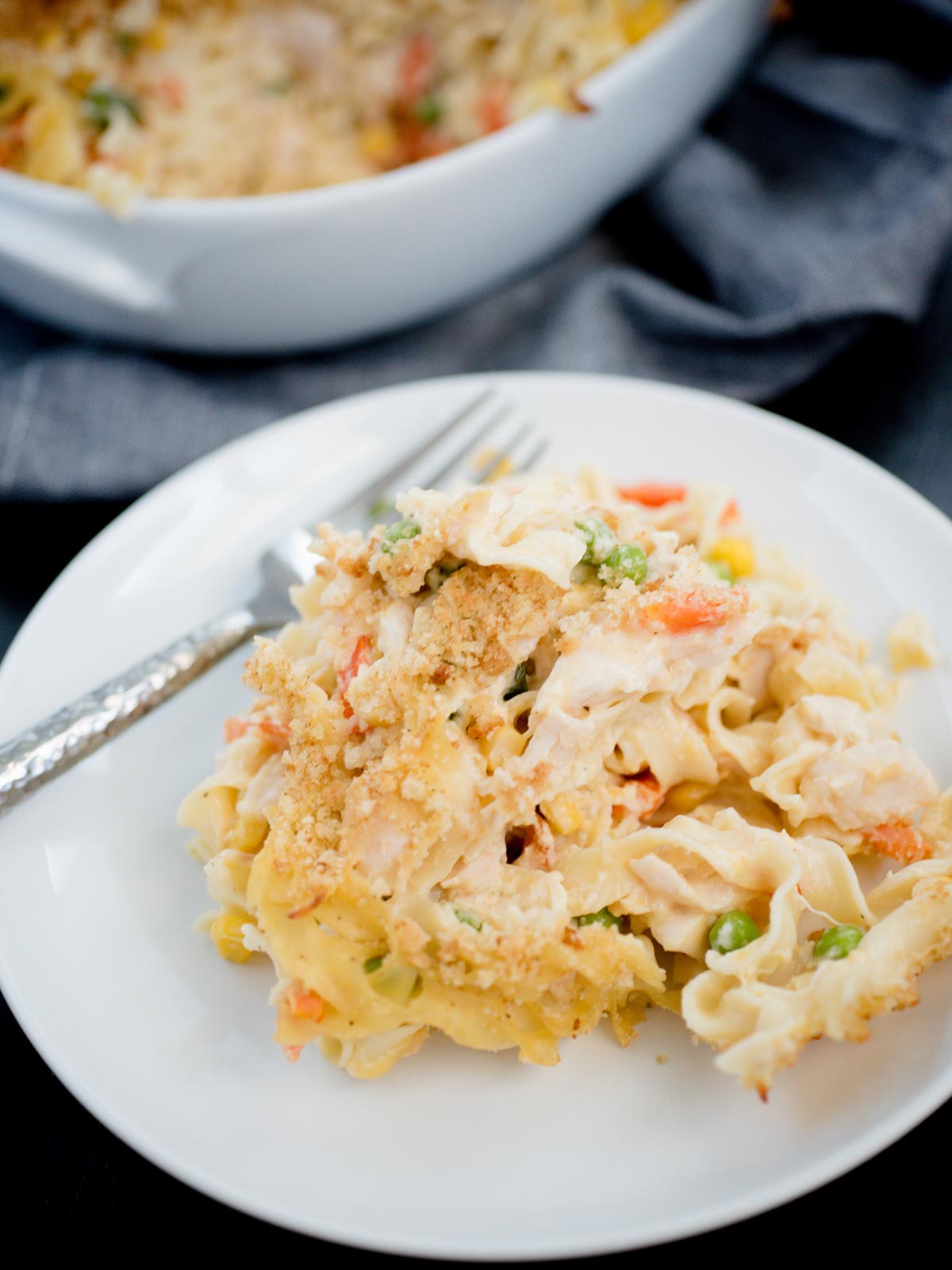 serving of chicken noodle casserole on white plate