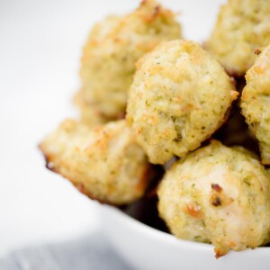 chicken pesto meatballs in a white bowl