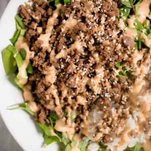 korean beef bowl in white bowl