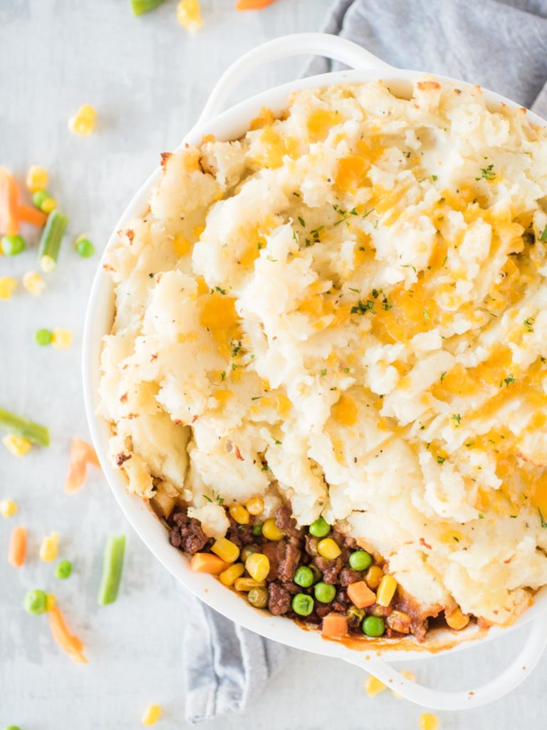 shepherds pie in a white baking dish