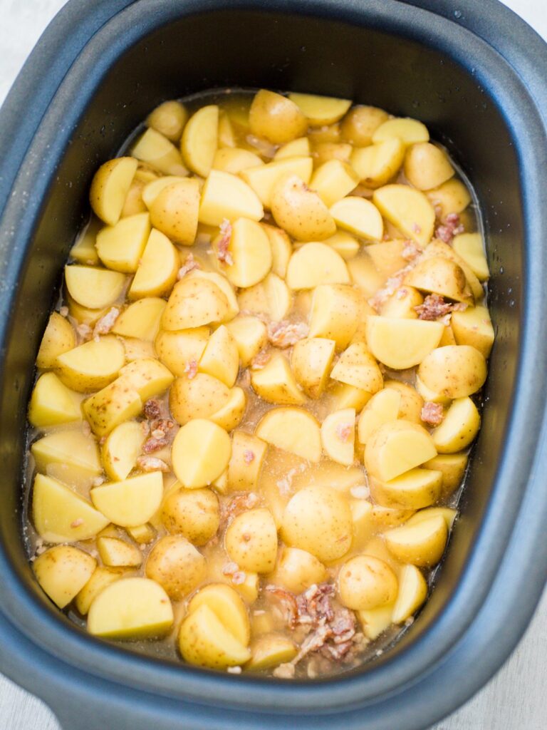 broth bacon and potatoes in slow cooker