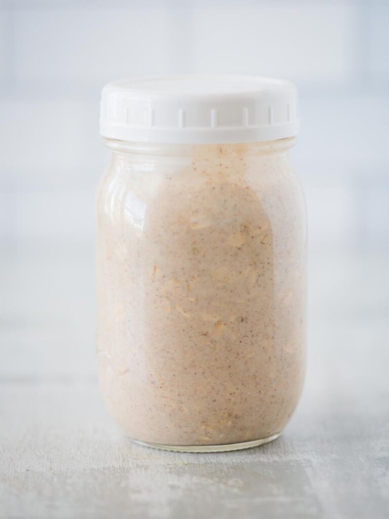 all ingredients for banana bread overnight oats shaken in a jar