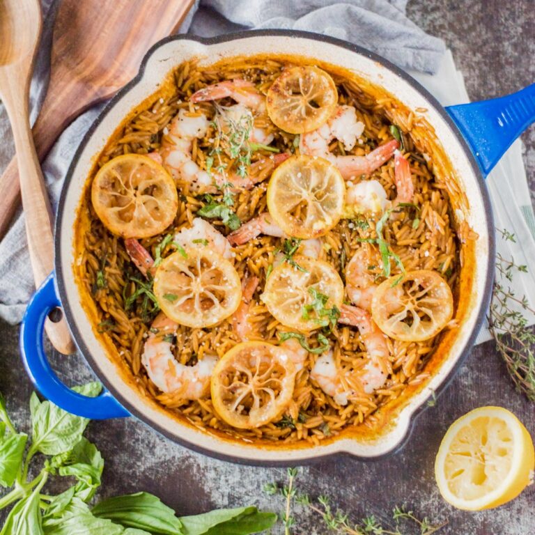 Garlic Lemon Butter Shrimp with Orzo - Sweetly Splendid