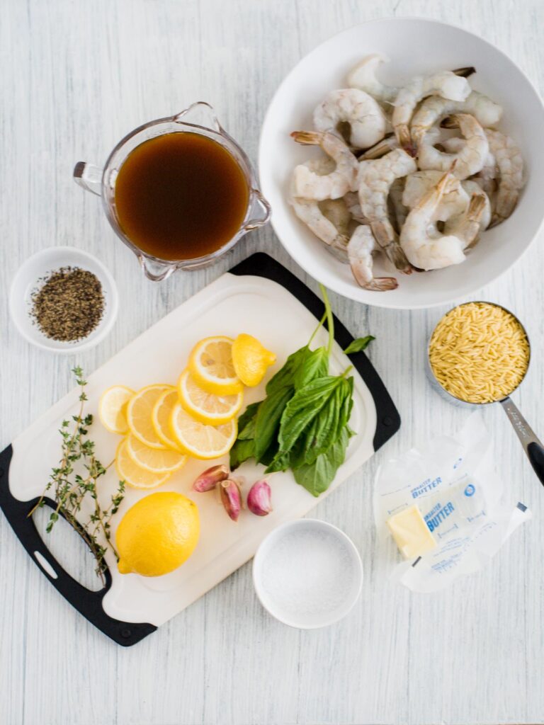 ingredients for garlic lemon butter shrimp and orzo