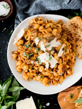 Instant Pot Ground Beef and Pasta with basil and shaved parmesan