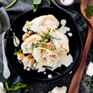creamy chicken and ricotta stuffed shells topped with basil