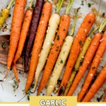 A variety of roasted carrots in shades of orange, purple, and yellow are arranged on a baking sheet, garnished with herbs. Text at the bottom reads Delicious Brown Sugar Carrots Recipe.