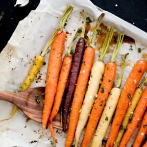 Oven Roasted Brown Sugar Garlic Carrots on baking sheet