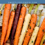 A variety of roasted carrots, including orange, purple, and yellow, are arranged on parchment paper and sprinkled with herbs and flaky salt. A blue banner at the top reads brown sugar carrots recipe.