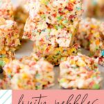 pinterest graphic with text showing a stack of fruity pebbles rice krispie treats