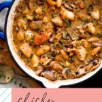 pinterest graphic with text showing chicken and mushroom stroganoff