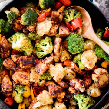 healthy chipotle chicken and vegetables in a skillet