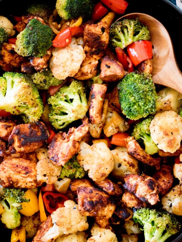 healthy chipotle chicken and vegetables in a skillet