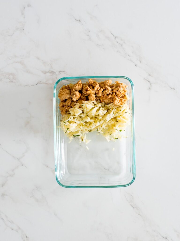 turkey and rice in a glass container