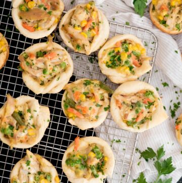 chicken pot pie bites on a cooling rack
