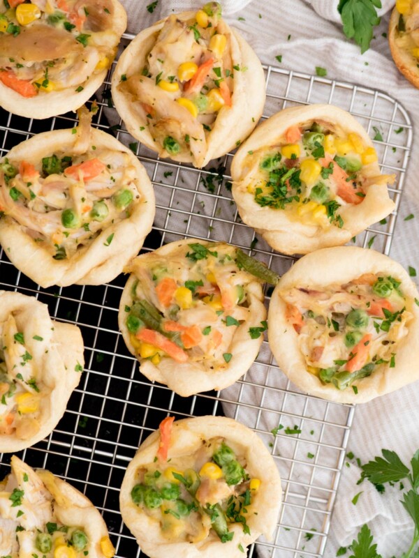 chicken pot pie bites on a cooling rack