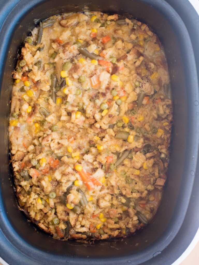 cooked chicken and stuffing casserole in the crockpot