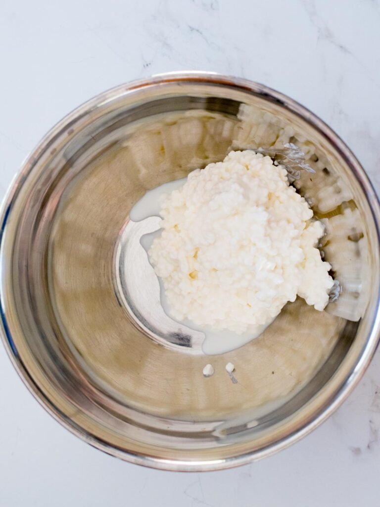 cottage cheese in a mixing bowl