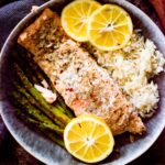 lemon butter salmon with rice and roasted asparagus