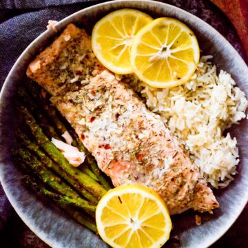 lemon butter salmon with rice and roasted asparagus