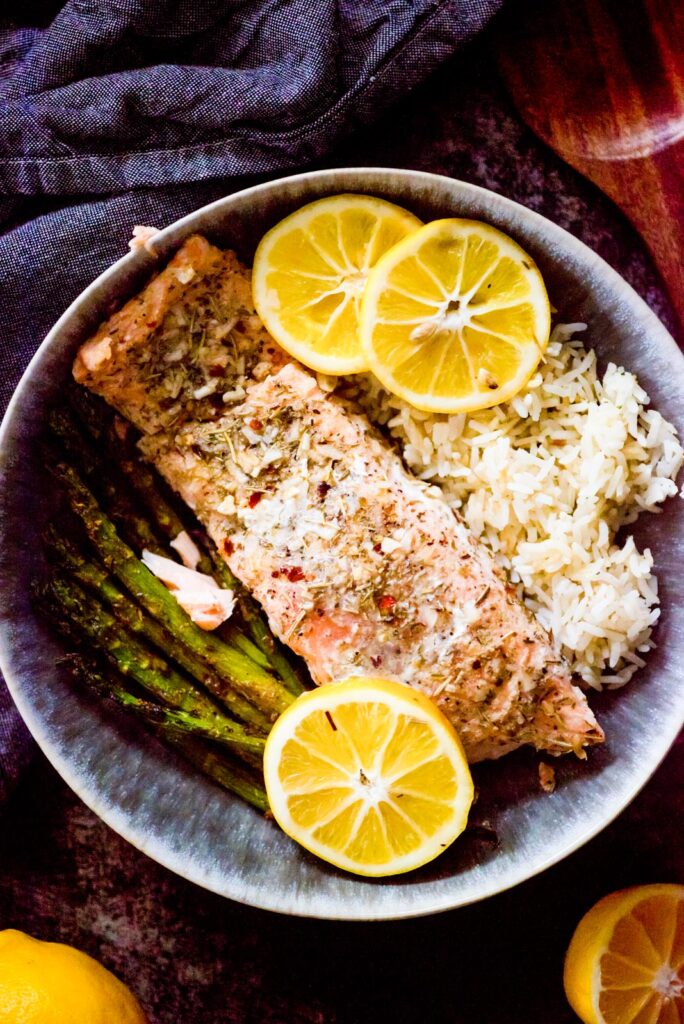 lemon butter salmon with rice and roasted asparagus