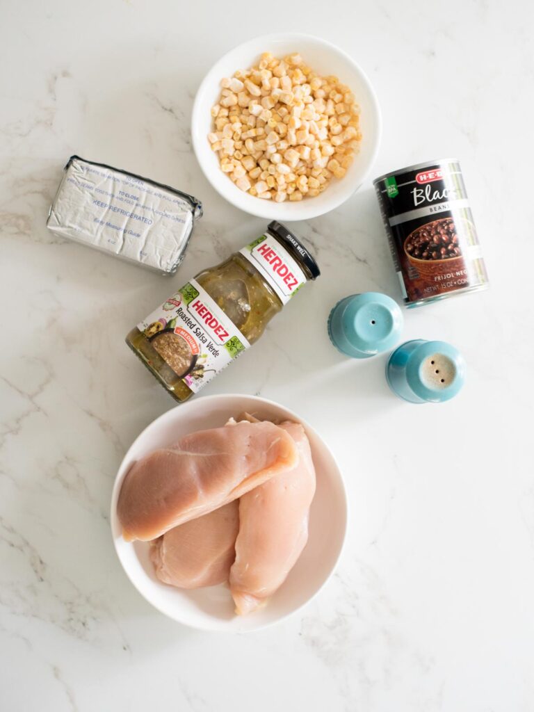 ingredients for salsa verde chicken in the crockpo.