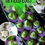 Platter of Halloween deviled eggs with purple-dyed whites and bright green avocado yolks, alongside a small inset showing ingredients including avocados, hard-boiled eggs, and mayonnaise.