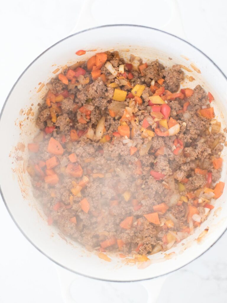 cooked vegetable and beef mixture