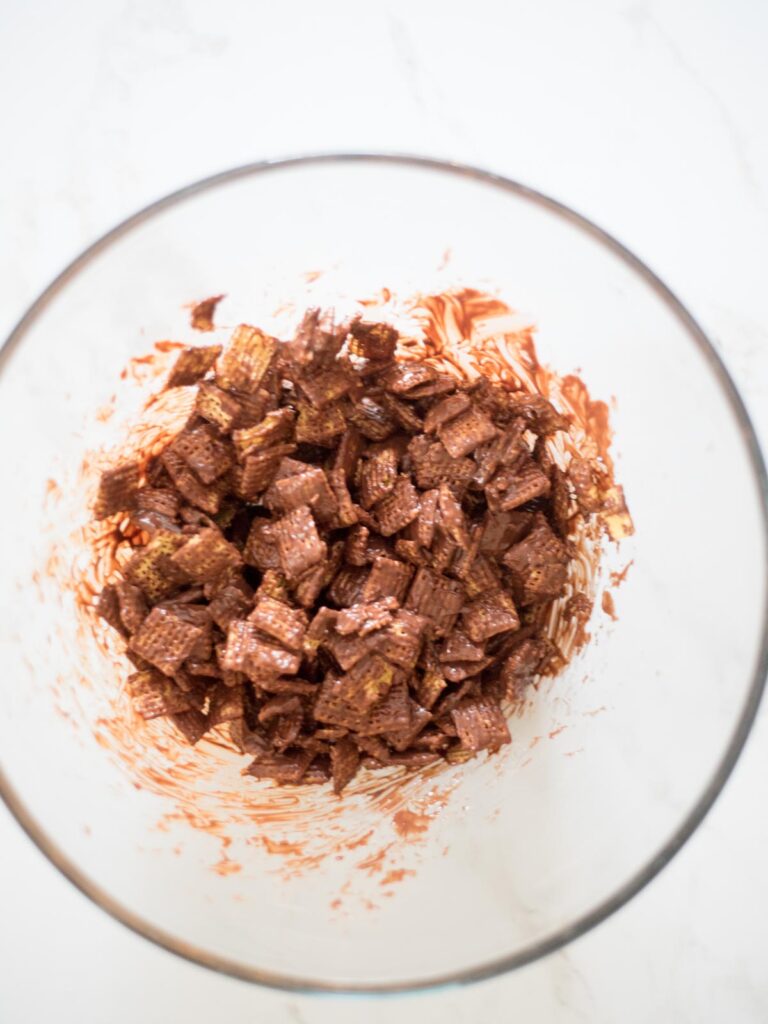 chocolate peanut butter mixture coating chex cereal