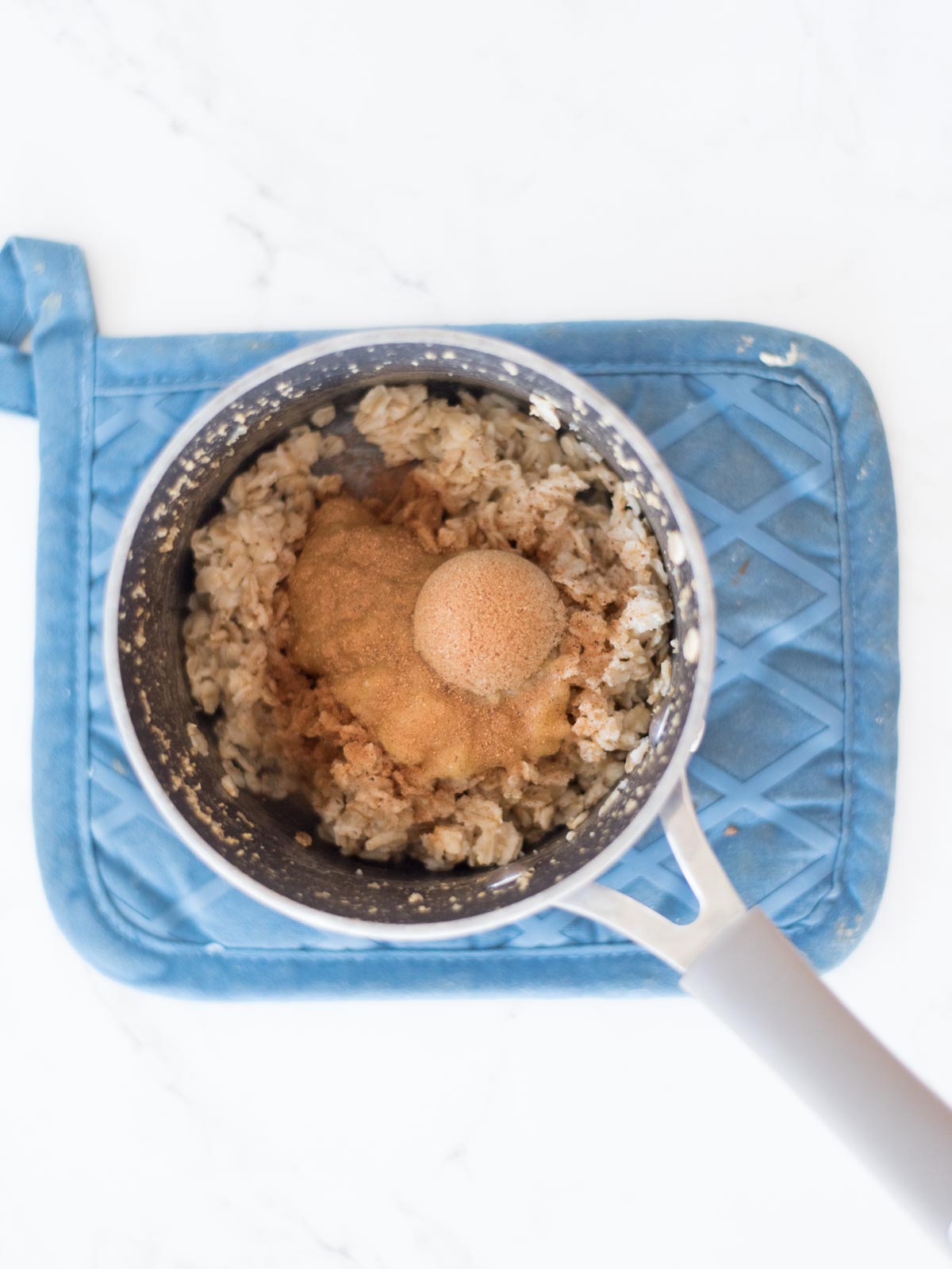 banana and brown sugar added to the saucepan