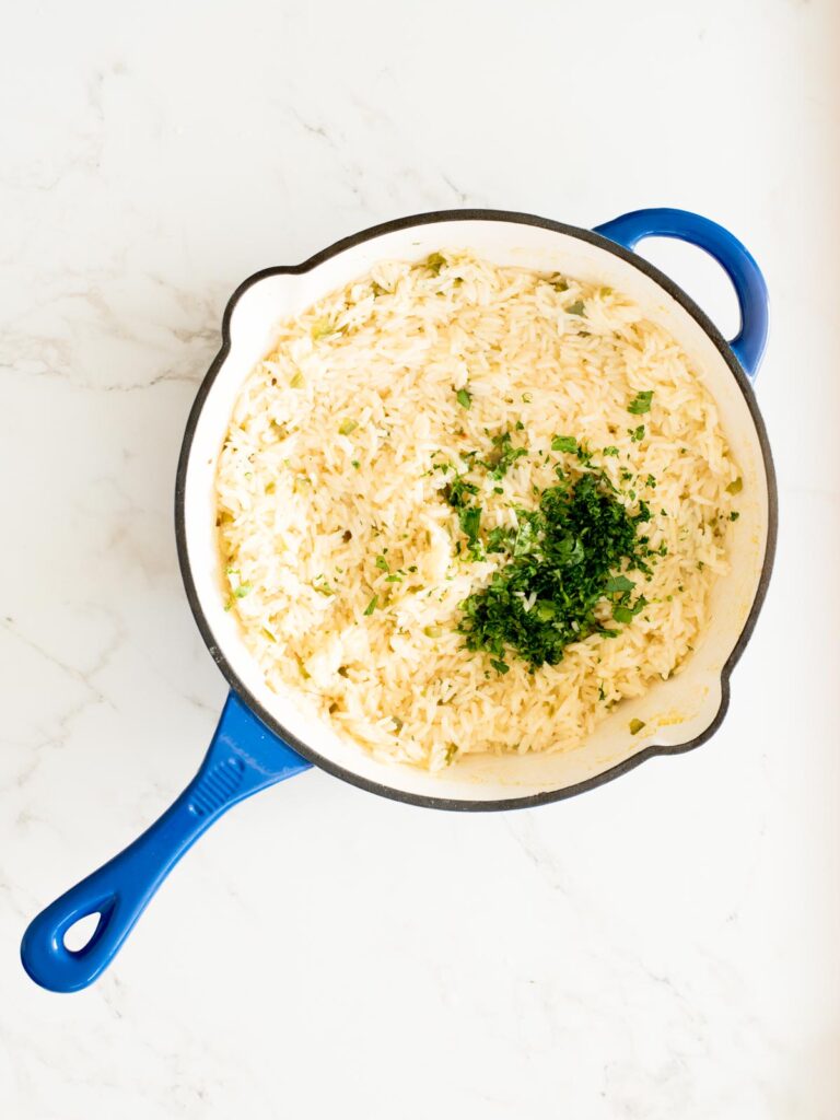 cilantro added to cooked rice