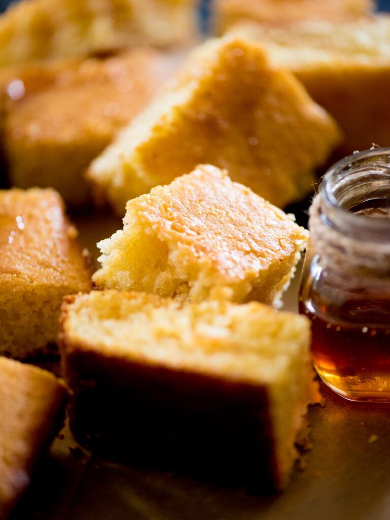 cornbread recipes cut into squares with honey
