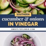 Close-up of sliced cucumbers and onions in vinegar, mixed with fresh dill and shown in a bowl. The second image features a smaller serving of the same crisp salad in a white bowl on a white surface. Text overlay describes the recipe.