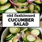Sliced cucumbers, red onions, and fresh dill are mixed in a bowl with tangy vinegar, creating an old fashioned cucumber salad reminiscent of classic cucumbers and onions in vinegar. Text overlay reads old fashioned cucumber salad and sweetlysplendid.com at the bottom.