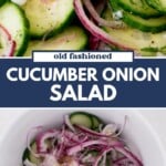 Close-up of cucumber onion salad with dill in a bowl, featuring sliced cucumbers and onions in vinegar, red onions, and seasonings. Text overlay reads Old Fashioned Cucumber Onion Salad. Website sweetlysplendid.com appears at the bottom.